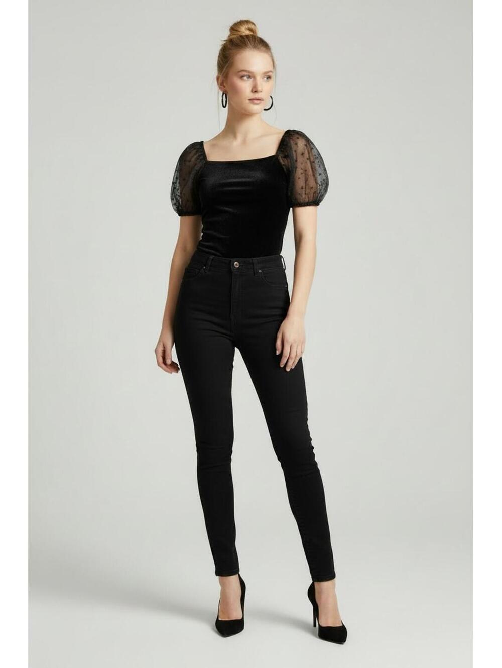 NWT Lilt Girls Black Velvet Party Top Sheer Floral Organza Puff Sleeve Shirt, L
